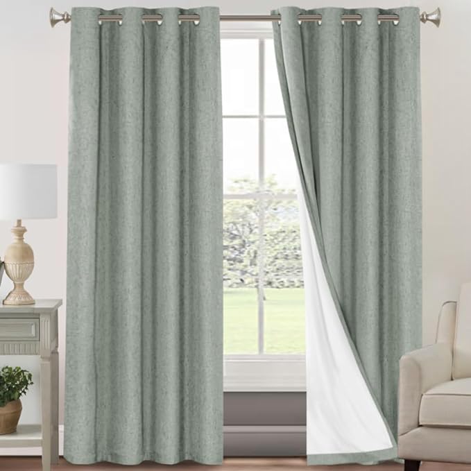 PrinceDeco Blackout Curtains for Bedroom 96 Inches Long Linen Look Curtains for Living Room Black Out Curtains Room Darkening Thermal Curtains with White Liner Backing for Nursery Decor,Green Bay