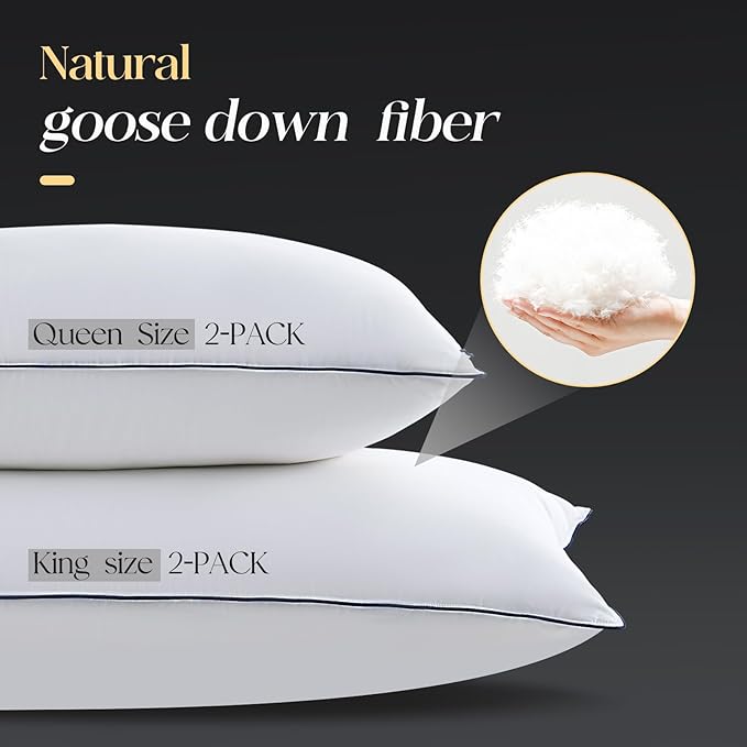 Luxurious Goose Down Bed Pillows Queen Size Set of 2, Hotel Collection Pillows Designed for Deep Sleep, Soft and Supportive Filling for Side, Back Sleepers 20" x 30"