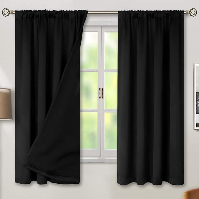 BGment Thermal Insulated 100% Blackout Curtains for Bedroom with Black Liner, Double Layer Full Room Darkening Noise Reducing Rod Pocket Curtain (42 x 63 Inch, Black, 2 Panels)