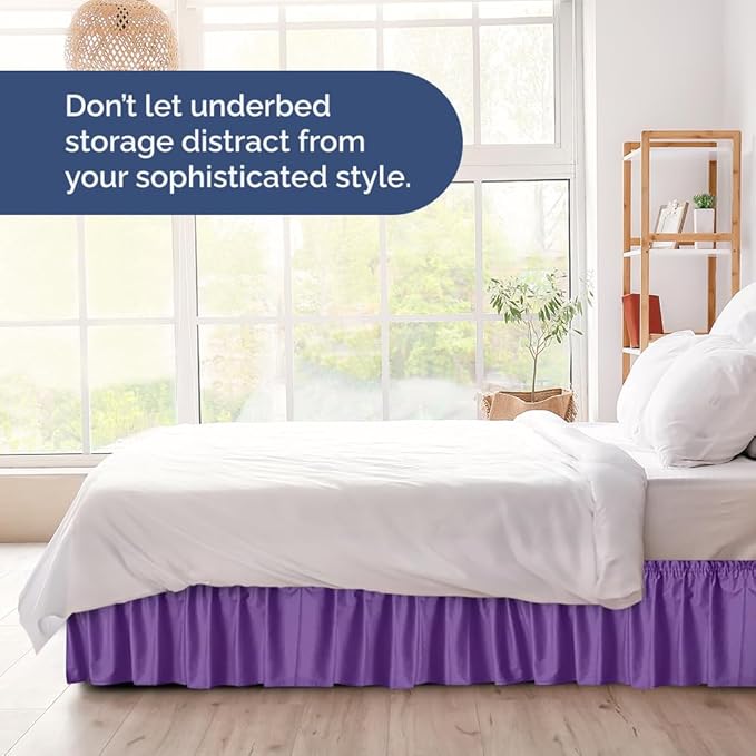 Wrap Around Dust Ruffle Bed Skirt - Purple - for Queen Size Beds with 21 Inch Drop - Easy Fit Elastic Strap - Adjustable Pleated Bedskirt w/Brushed Fabric Wrinkle Free - for Women, Men, Kids & Teens