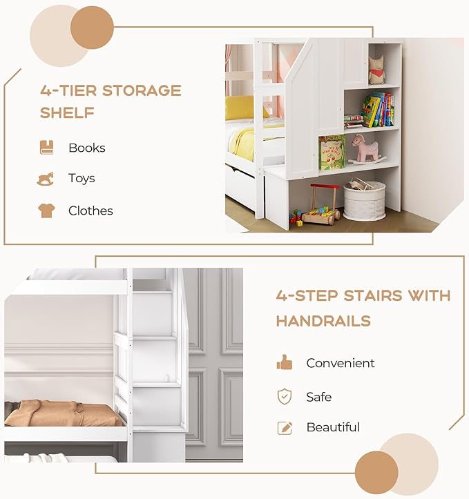 KOTEK Twin Over Twin Bunk Bed with Trundle and Stairs, Solid Wood Bunk Bed Frame with Storage Shelf, Bunk Beds Detachable into 2 Platform Beds for Kids Teens Adults (White)