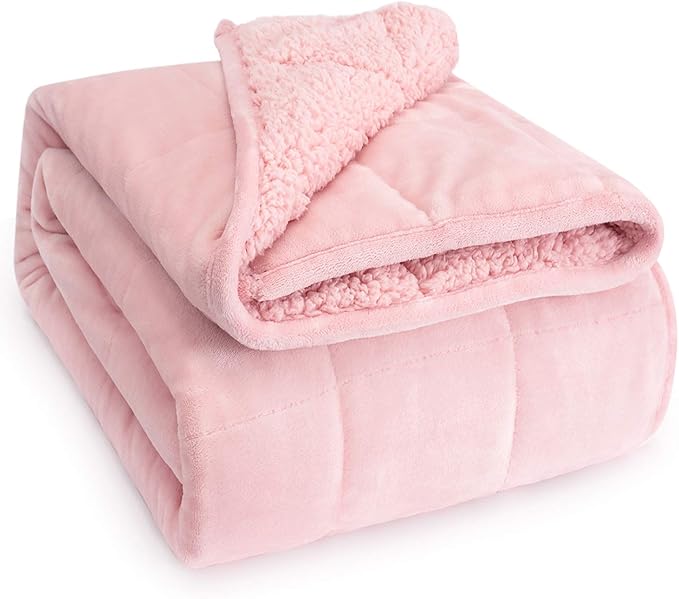 Wemore Sherpa Fleece Weighted Blanket for Adult, 15 lbs Dual Sided Cozy Fluffy Heavy Blanket, Ultra Fuzzy Throw Blanket with Soft Plush Flannel Top, 48 x 72 inches, Pink on Both Sides