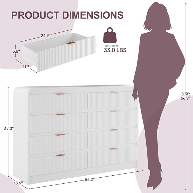 FURSUN Fluted 8 Drawers Dresser for Bedroom, 55" Wide Wooden Dresser with Metal Handle, Curved Profile Design, Modern Storage Organizer for Bedroom, Living Room, Hallway, White