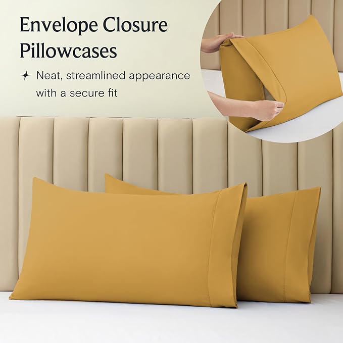 LuxClub 4 PC California King Sheet Set, Deep Pockets Wrinkle Free Cooling Bed Sheets Hotel Bedding for Women, Men, Includes 1 Fitted Sheet, 1 Flat Sheet and 2 Pillowcases-Medallion Gold