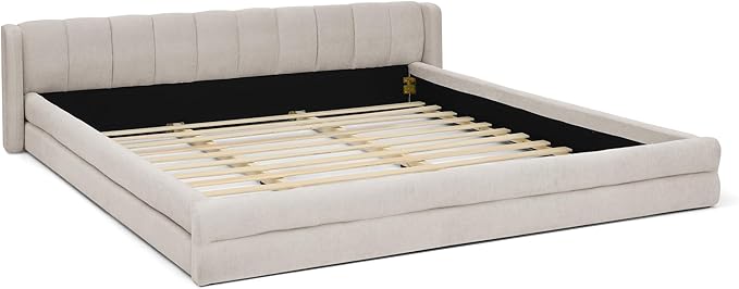 DEINPPA King Size Bed Frame with Cloud Soft Headboard, Chenille Upholstered Grounded Wood Base Bed Frame, No Box Spring Needed-Beige