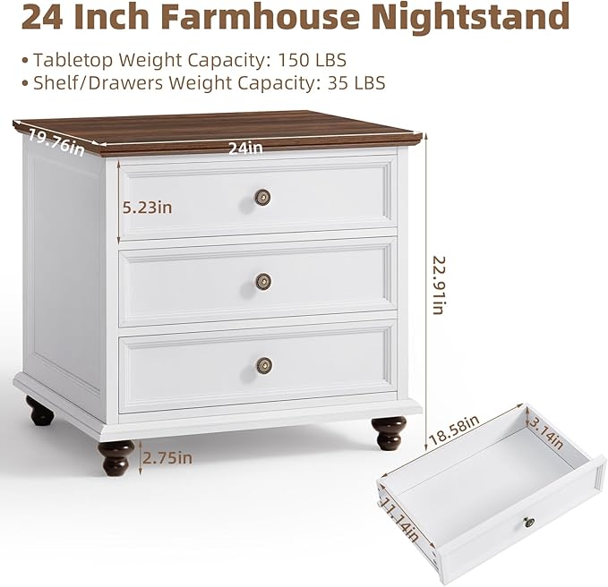 24" Wide Farmhouse Night Stand,Large End Table with 3 Drawers & Metal Handle,White Wood Dresser for Bedroom Cabinet, Bed Side Tabl·e Chest of Drawers,Nightstand for Living Room
