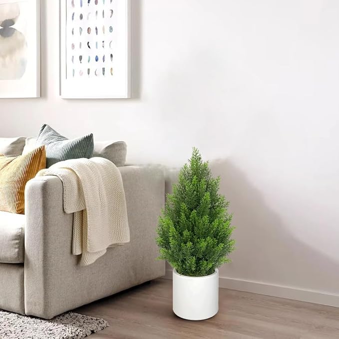 Briful 27” Artificial Cedar Topiary Tree in White Planter, 2PCS – Realistic Faux Evergreen Floor Plant with Layered Leaves, Decorative Indoor Outdoor Potted Shrub for Home, Office, Patio, Porch