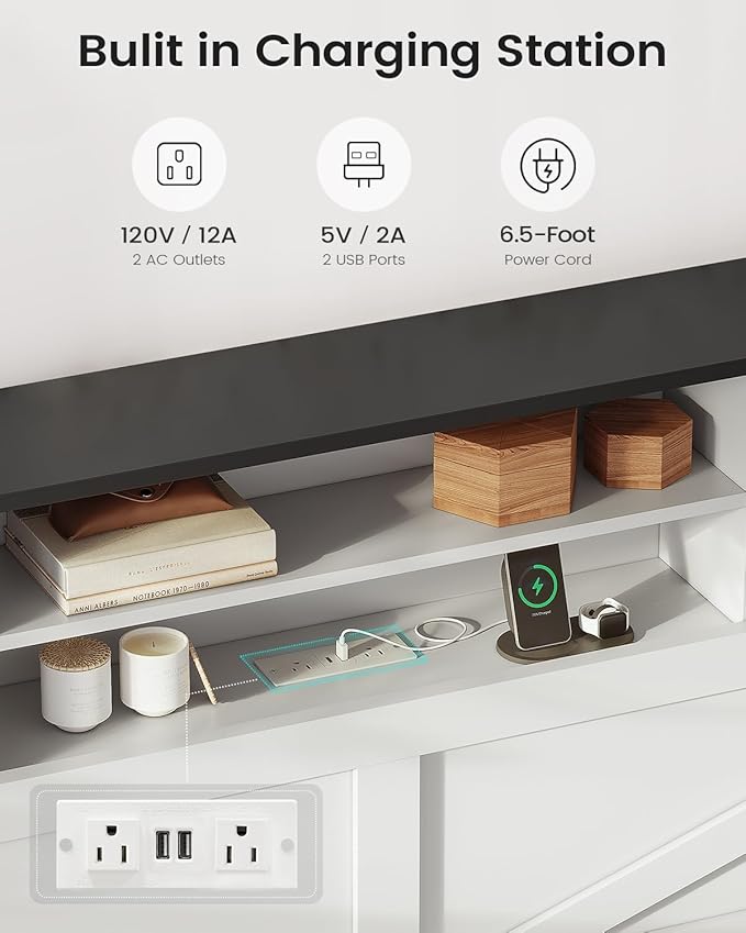 AOGLLATI Farmhouse King Bed Frame Bed Frame with 4 Storage Drawers and Led Lights, Wooden King Bed with Hidden Space Bookcase Headboard and Led Lights, White