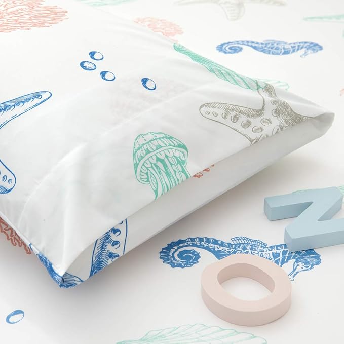 JSD Beach Theme Kids Printed Sheet Set Full, 4 Piece Starfish Jellyfish Coastal Summer Microfiber Bed Sheets Deep Pocket