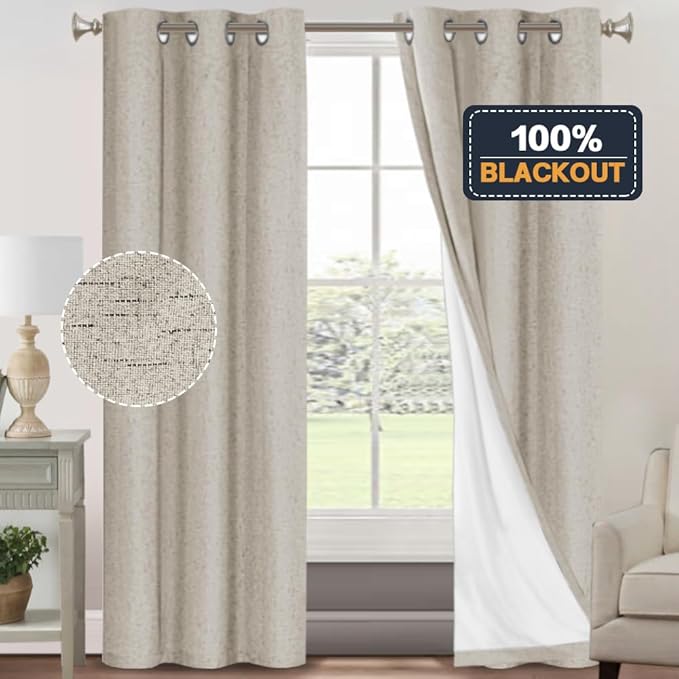 PrinceDeco 100% Blackout Curtains for Bedroom 84 Inches Long Linen Blackout Thermal Drapes Privacy Protection Room Darkening Window Curtain with White Liner, 2 Panels Set, W42 X L84,Stone