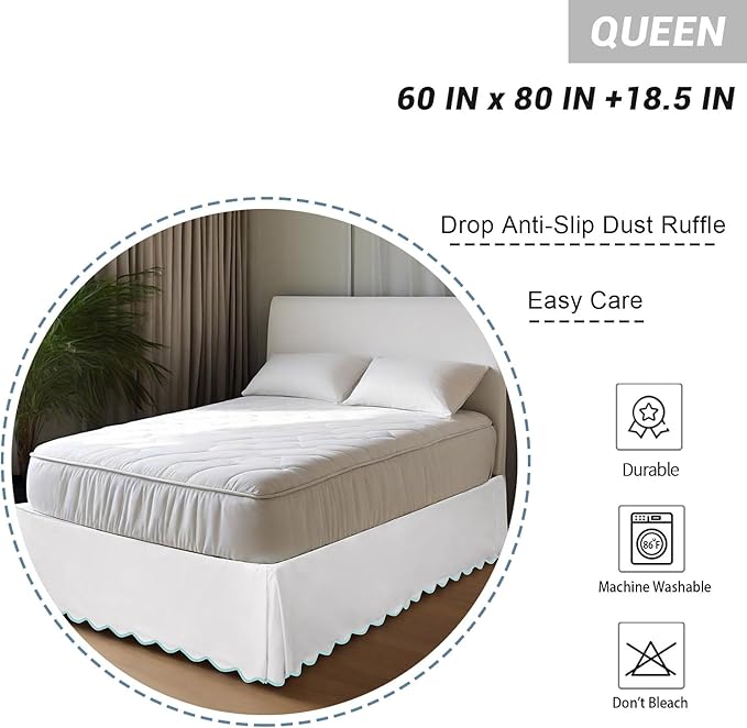 HIG Queen Bed Skirt - Easy Fit Scallop Edge Pleated Bedskirts With Spilt Coner, 18 Inch Drop Anti-Slip Dust Ruffle, Thick Fabric for Enhanced Privacy, Pre-Washed for Long-Lasting Use, Machine Washable