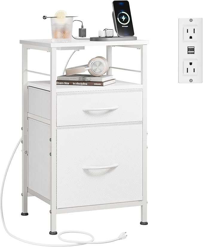 WLIVE Night Stand with Charger Station, White Nightstand with 2 Fabric Drawers, Bedside Table, Small Dresser for Bedroom, Side Table with USB Ports and Outlets
