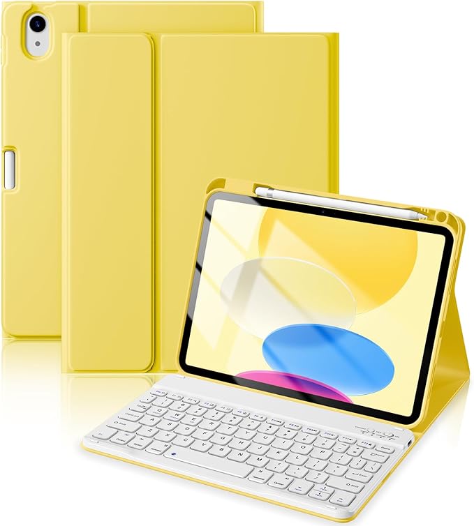 for iPad 10th Generation Case with Keyboard 10.9 Inch 2022/iPad (A16) 11th Gen 11 Inch 2025 - Magnetic Detachable Keyboard, Stain Proof Cover, Smart Folio Case with Pencil Holder - Yellow