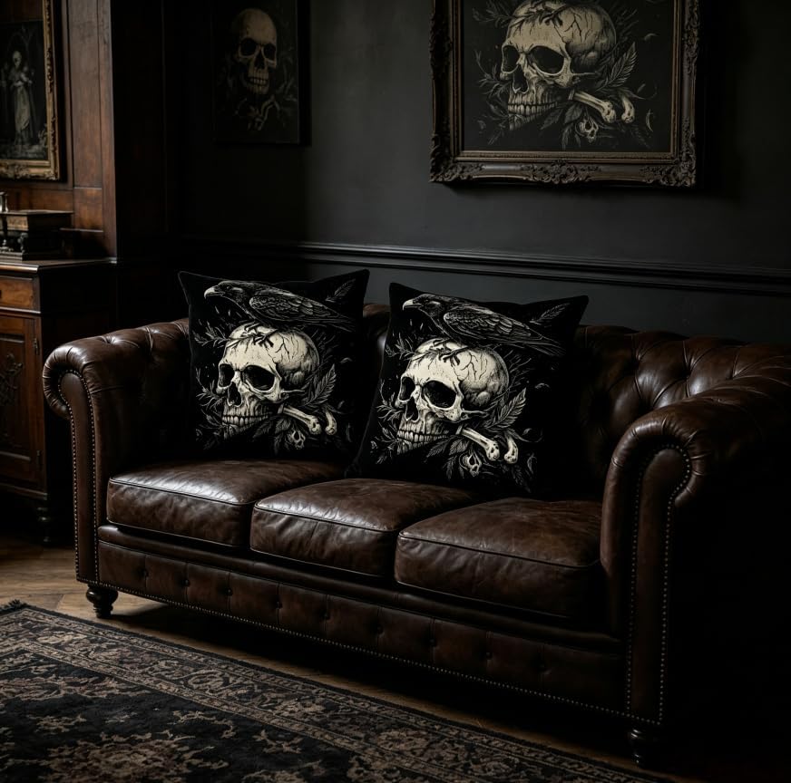 Gothic Skull Raven Throw Pillow Covers, 18x18 Inch, Machine Washable, Halloween - Image 4