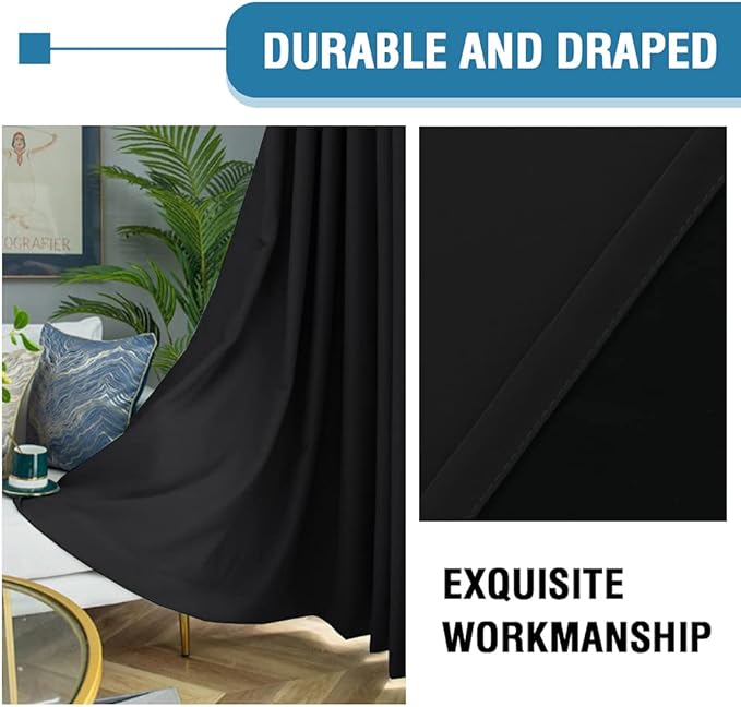 H.VERSAILTEX 100% Blackout Curtains for Bedroom 42 Inches Wide Thermal Insulated Blackout Curtains 54 Inches Long Rod Pocket Curtains for Kitchen with Black Liner 2 Panels Set, Jet Black