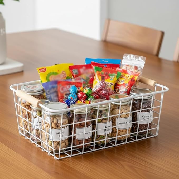 LeleCAT White Wire Baskets for Organizing with Handles，Pantry Organizers and Storage For Kitchen, Household Snack Basket for Cabinets, Closets, Bedrooms,food - Set of 4(White)