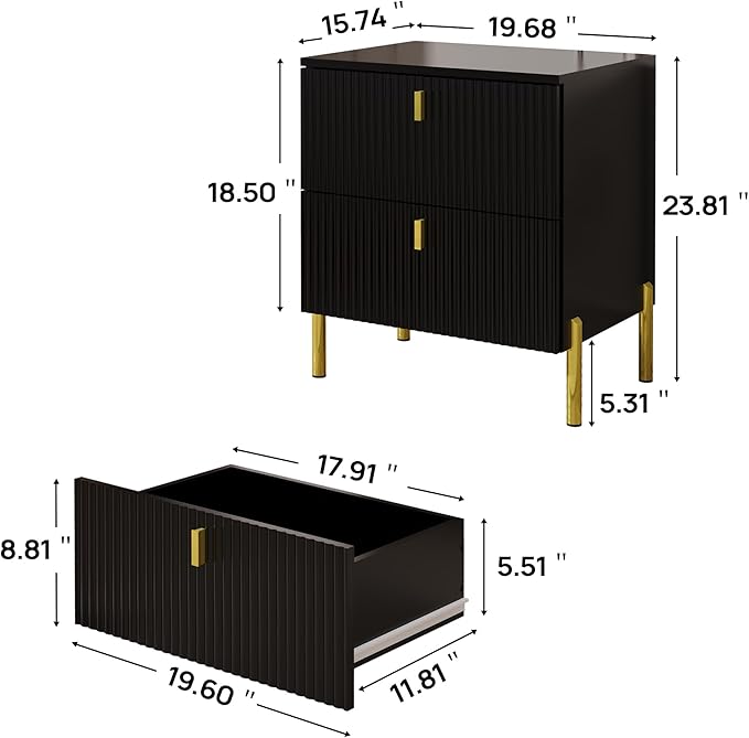 Luxury Fluted Night Stand, Nightstand with 2 Drawers, Modern Bedside Table with Golden Legs and Handles, End Tables for Living Room Bedroom, Black