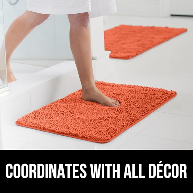 GORILLA GRIP Bathroom Rug Sets, Soft Chenille 2 Piece Area Rugs Set, Toilet Base Mat and 30x20 Carpet, Absorbent Microfiber Washable Mats Dry Quickly, Home Décor and Bath Room Accessories, Coral