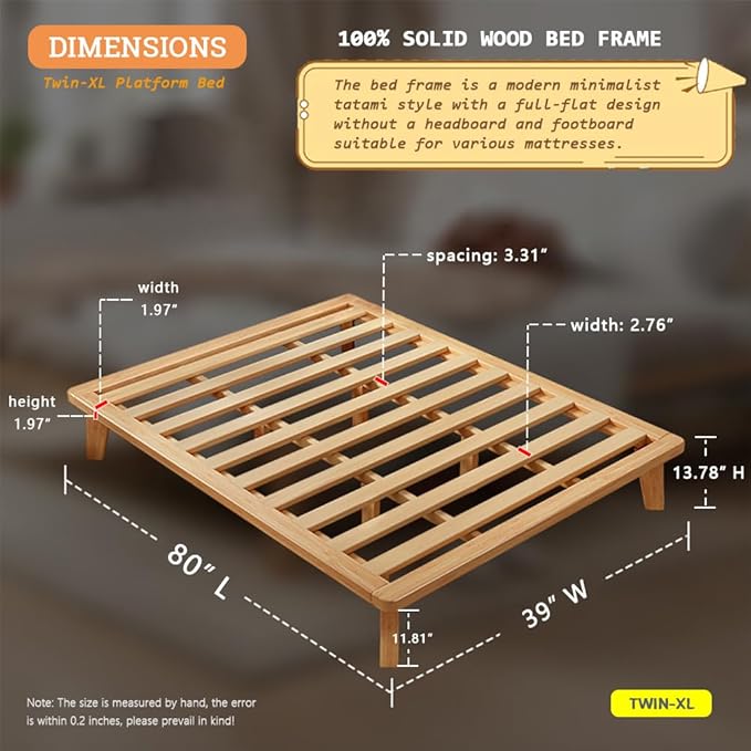 Twin-XL Platform Bed Base - 14 Inch Solid Wood Mattress Foundation with Support Slats and Legs, Twin XL Size Rubberwood Simple Bed Frame