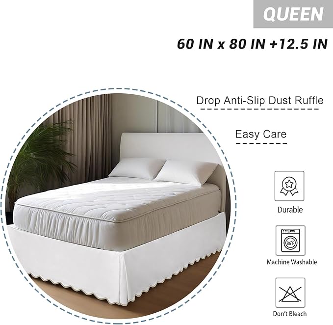 HIG Queen Bed Skirt - Easy Fit Scallop Edge Pleated Bedskirts With Spilt Coner, 12 Inch Drop Anti-Slip Dust Ruffle, Thick Fabric for Enhanced Privacy, Pre-Washed for Long-Lasting Use, Machine Washable