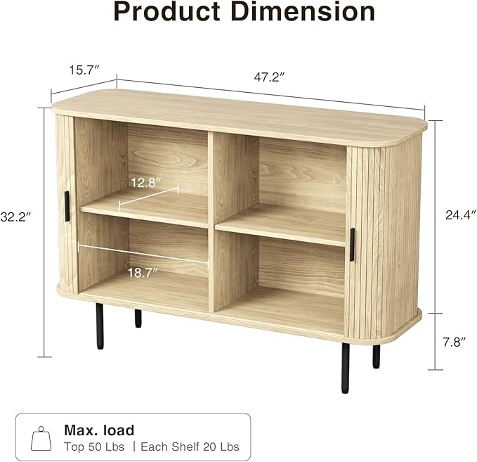 47''W x 32''H Buffet Sideboard Cabinet with Storage,Natural Fluted Storage Accent Cabinet with Curvy Edge; Sliding Door, Credenza, Console Table for Living, Dining Room, Kitchen, Hallway