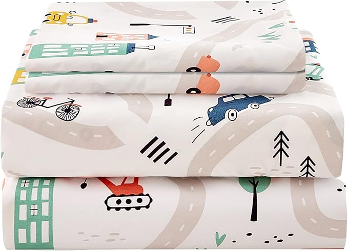 JSD Car Kids Printed Sheet Set Full Size, 4 Piece Soft Microfiber Bed Sheets Deep Pocket