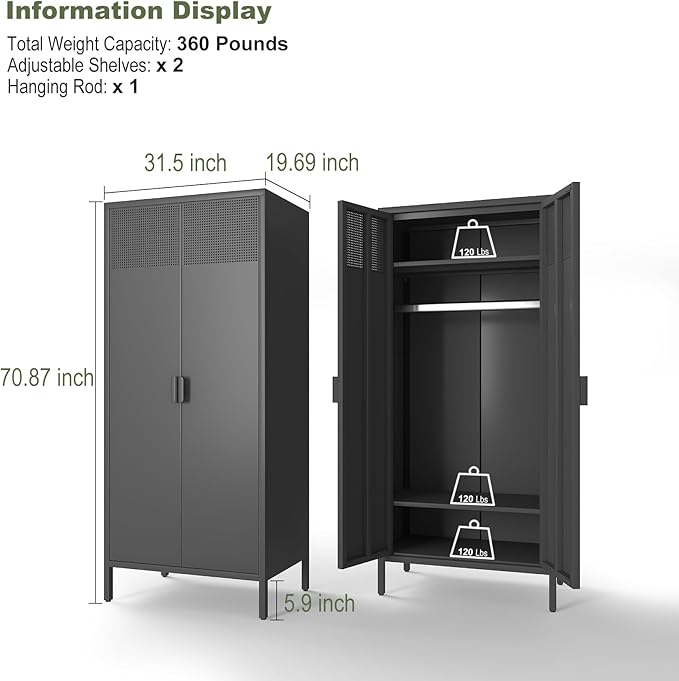 COFaR Metal Wardrobe Cabinet with Hanging Rod, 71 inches Tall Bedroom Armoire Wardrobe Closet for Home, Office, Garage, Laundry Room Black