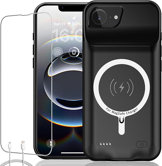Battery Case for iPhone 16e, Upgraded 10800mAh Rechargeable Portable Extended Battery Pack Supported Qi Wireless Charging Case Compatible with iPhone 16e(6.1 inch) Charger Cover(Black)