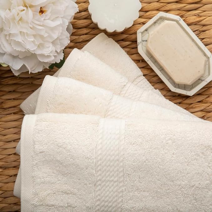 Superior Egyptian Cotton Pile Hand Towel Set of 4, Ultra Soft Luxury Towels, Thick Plush Essentials, Absorbent Heavyweight, Guest Bath, Hotel, Spa, Home Bathroom, Shower Basics, Cream