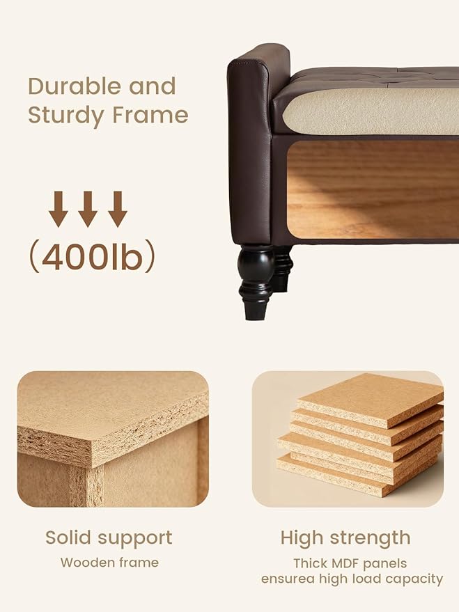 47" Storage Ottoman Bench, Faux Leather Upholstered Ottoman with Storage, End of Bed Bench for Bedroom, Living Room, Entryway, Window (Brown)