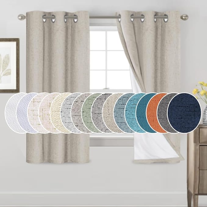 PrinceDeco Linen Texture Curtains 100% Blackout Curtains 64 inch Long 2 Panels Set Noise Reducing Window Treatment Drapes for Nursery Bedroom Thermal Insulated with White Liner,42 X 64 In, Cobblestone