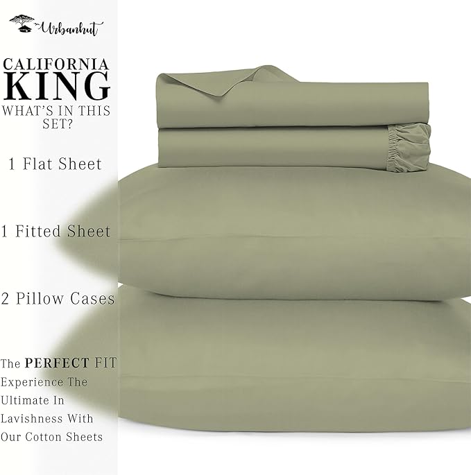 URBANHUT 800 Thread Count 100% Cotton California King Size Sheets, Luxury 4 Piece Cal King Bedsheets, Hotel Sheets Sateen Finish - Better Than Egyptian, 16" Elasticized Deep Pocket - Sage
