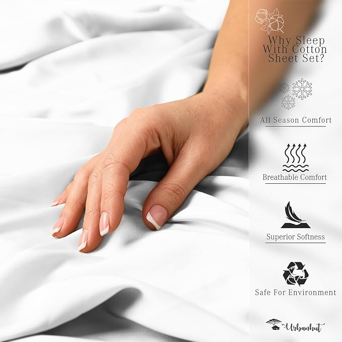 URBANHUT 800 Thread Count 100% Cotton Twin Size Sheets, Luxury 4 Piece Twin Bedsheets, Hotel Sheets Sateen Finish - Better Than Egyptian, 14" Elasticized Deep Pocket - White