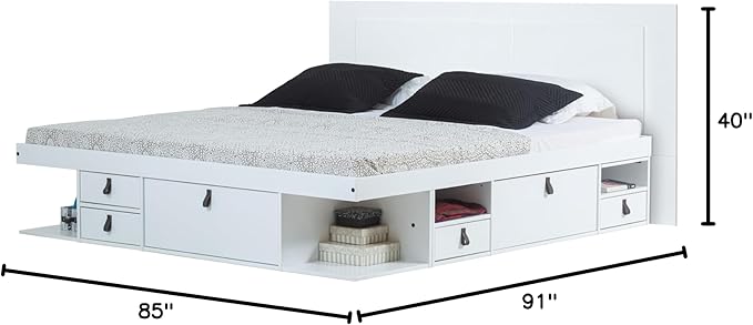 memomad Bali Slim Set: Storage Platform Bed with Drawers + Flat Panel Headboard (King Size, White Wood)