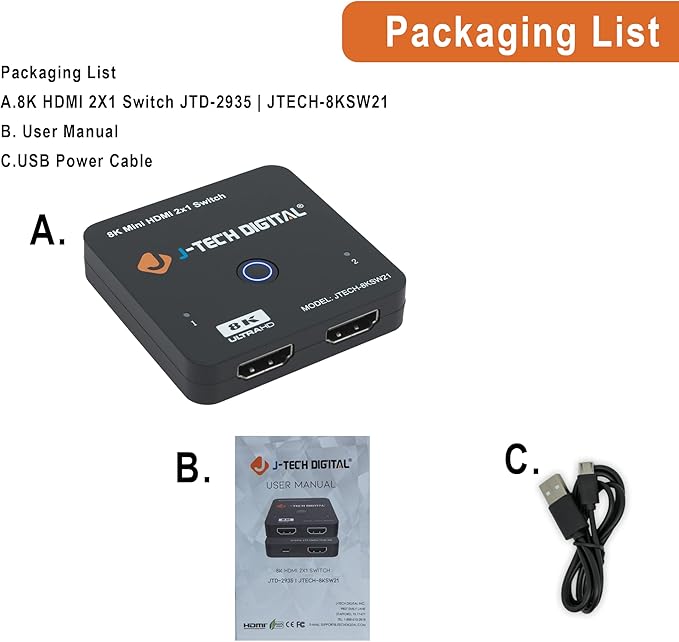 J-Tech Digital 8K HDMI 2.1 Mini Switch 2 in 1 Out 48Gbps 8K 60Hz 4K 120Hz HDR / HDR10 HDMI Switcher for Xbox PS5 BluRay with Auto Switch [JTECH-8KSW21]