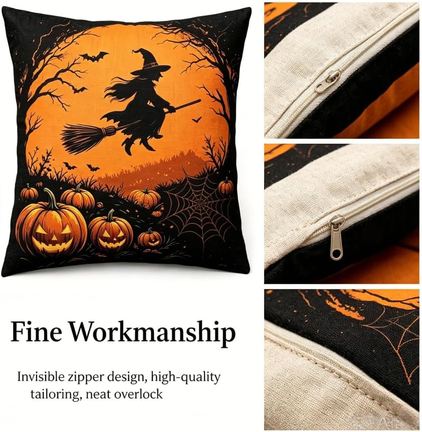 Halloween Throw Pillow Covers, Witch and Black Cat Design, 18x18 Inch, - Image 4