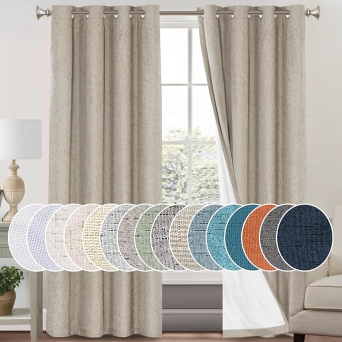 PrinceDeco 100% Blackout Curtains for Bedroom Linen Textured Curtain Panels 84 inches Long Energy Smart & Noise Reducing Blackout Drapes for Living Room Burlap Fabric with White Liner(2 Panels, Stone)