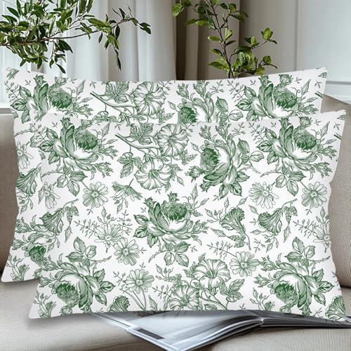 Green and White Porcelain Floral Throw Pillow Cases Queen Size Set of 2 - Image 3