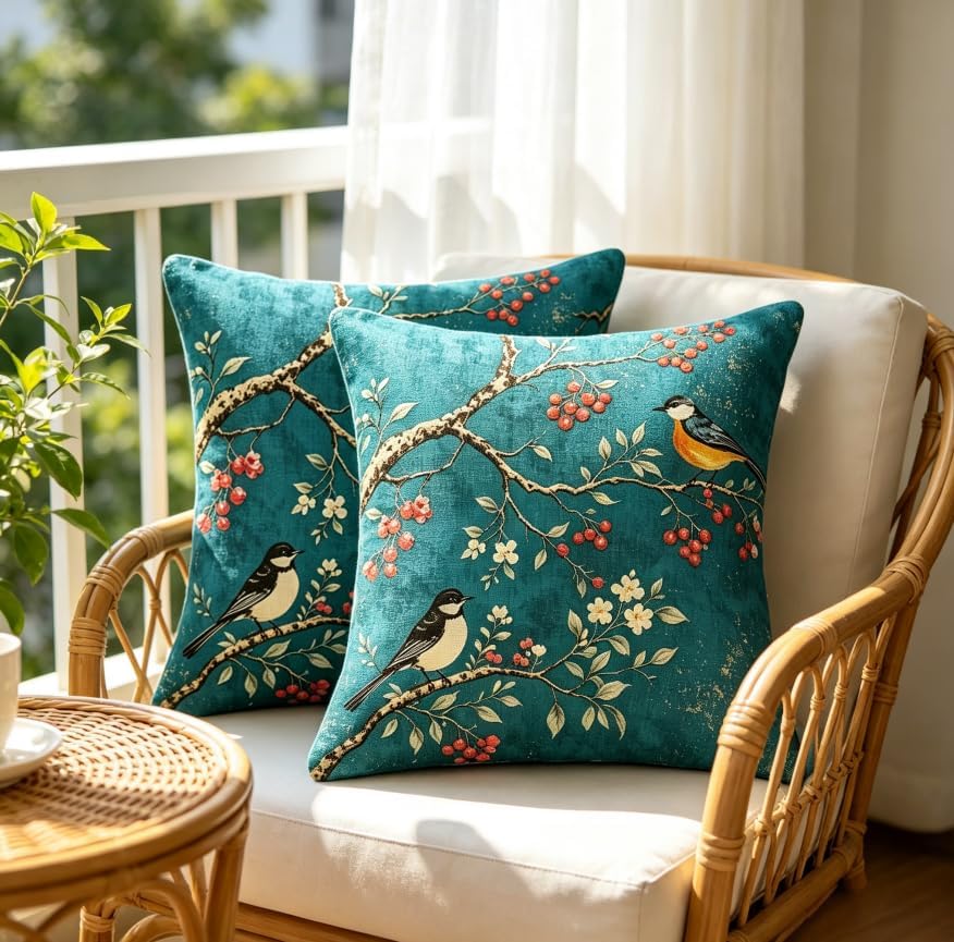 18x18 Inch Linen Vintage Teal Bird Throw Pillow Covers Set of 2 - Image 4