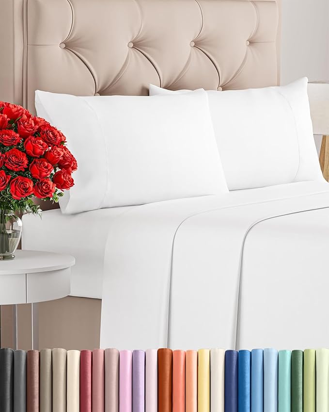 Twin XL 4 Piece Sheet Set - Cooling, Comfy & Breathable - Hotel Luxury Bedding, Includes Fitted Sheet for Women, Men, Kids and Teens - 1 Flat, 1 Fitted Sheet, 2 Pillowcases with Deep Pockets - White