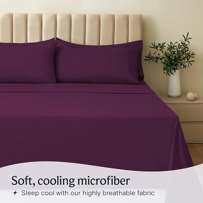 LuxClub 5 PC Split King Sheet Set, Deep Pockets Wrinkle Free Cooling Bed Sheets Hotel Bedding for Women, Men, Includes 2 Fitted Sheet, 1 Flat Sheet and 2 PillowcasesSoft Eggplant