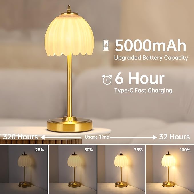 Tulip Table Lamp with 5000mAh Battery & Touch Control, Small Cordless Table Lamp with 3 Colors, Dimmable Rechargeable Battery Operated Table Lamps for Bedroom, Bedside, Desk (White Tulip)