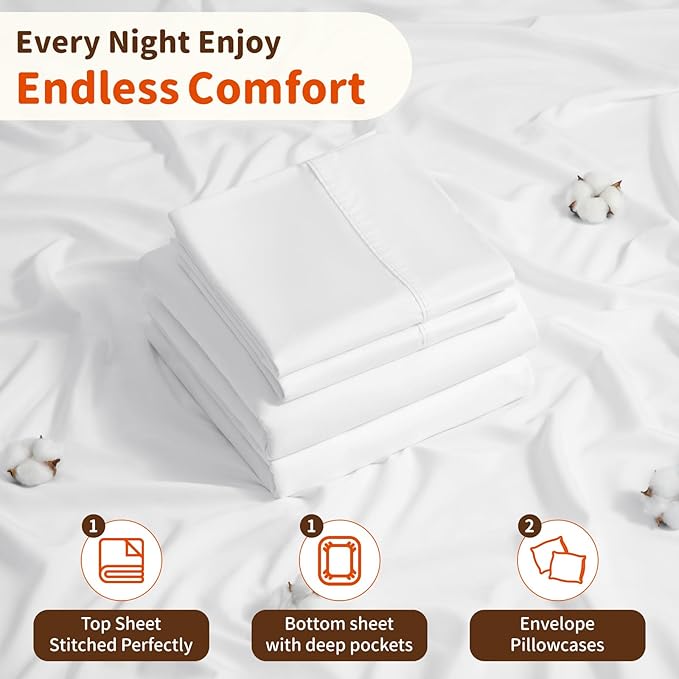 LBRO2M 100% Cotton Sheets Set Deep Pocket 24", 1000 Thread Count Full Size 4 Piece Bed Sheet Sets Soft Comfortable Bedding All Season (Full, White)