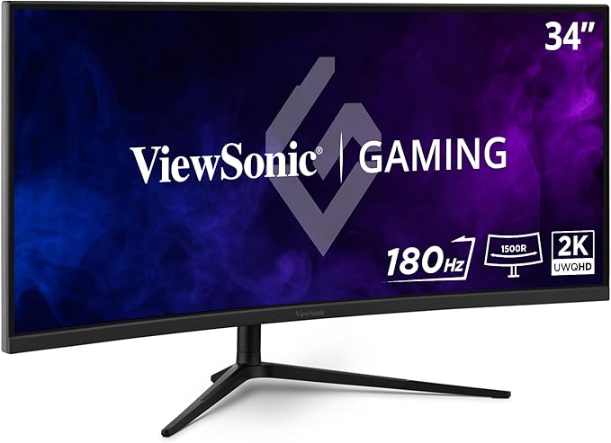 ViewSonic VX3418C-2K 34 Inch UltraWide QHD 1440p Curved Gaming Monitor with 180Hz, 1ms, 21:9, Advanced Ergonomics, FreeSync Premium, HDR10, HDMI, and DisplayPort Inputs
