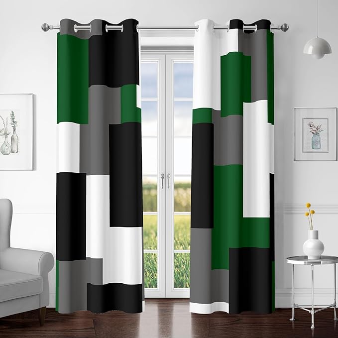 Green 100% Blackout Curtains for Bedroom 72 inch Length 2 Panels Set White Grey Modern Abstract Geometric Black Out Curtains Insulated Room Darkening Window Drapes for Living Room, 42Wx72L