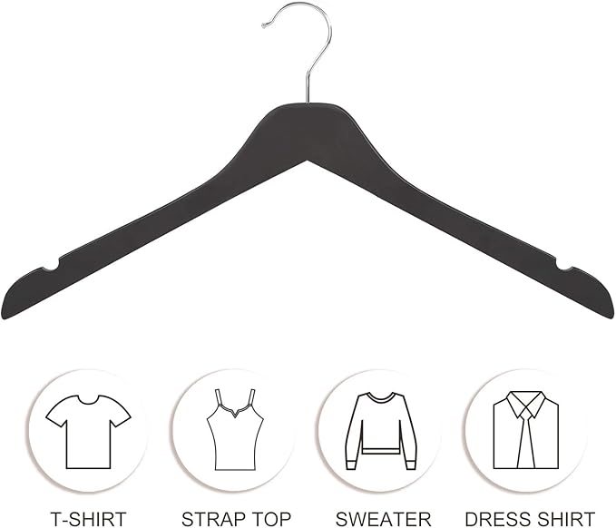 TOPIA HANGER Black Wooden Hangers 30 Pack, 0.28-inch Thick Slim Wood Clothes Hanger with Flat Design and Smooth Notches, Lightweight Space Saving Hangers for Shirt, Coat, Camisole-CT31B