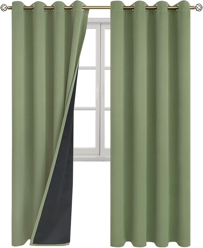 BGment Thermal Insulated 100% Blackout Curtains for Bedroom with Black Liner, Double Layer Full Room Darkening Noise Reducing Grommet Curtain (52 x 84 Inch, Grass Green, 2 Panels)