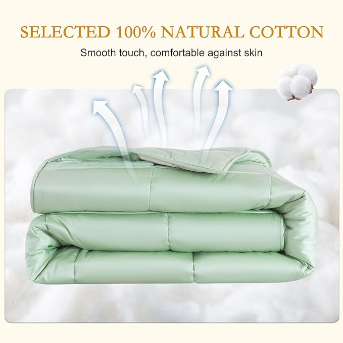 YOUR MOON Luxurious All Season Wool Comforter Twin Size, 100% Natural Australian Wool Filling, Hypoallergenic Comforter Duvet Insert, Noiseless Cotton Shell (Green)