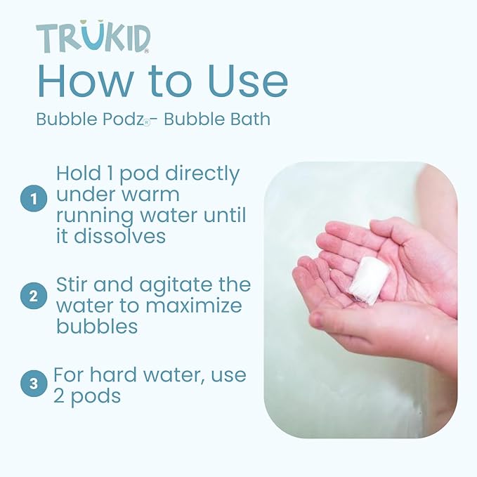 TruKid Bubble Podz Bubble Bath for Kids, Toddlers, & Babies, Tear Free Gentle & Refreshing Bath Bomb for Sensitive Skin with Natural Moisturizers, Non-Toxic, pH Balanced, Vanilla Scent (10 Podz)