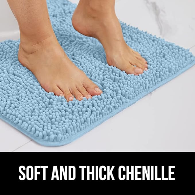 GORILLA GRIP Bath Rug Mat, Thick Soft Absorbent Chenille, Quick Dry Microfiber Mats, Rubber Backing Washable Shower Floor Rugs, Bathmat Runner, US Designed Bathroom Home Decor Accessories 24x17, Sky